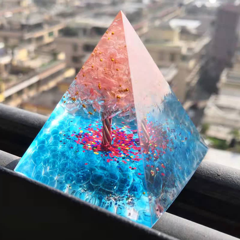 Olivenorma Albero della Vita Quarzo Rosa Acquamarina Piramide Orgonica 