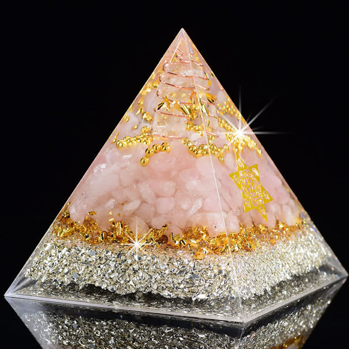 Olivenorma Cristallo Trasparente Quarzo Rosa Cubo di Metatron Piramide Orgonica