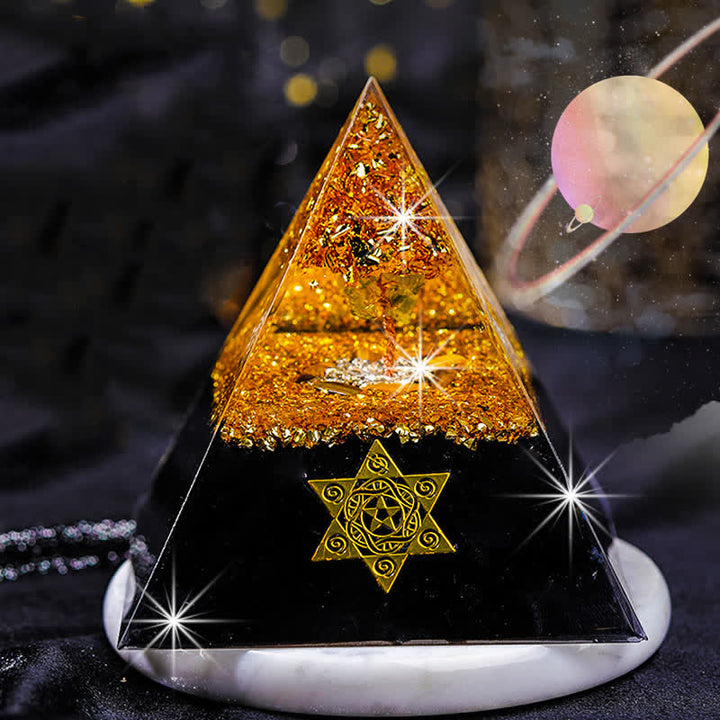 Olivenorma "Guardiano della casa" Piramide di orgone in ossidiana occhio di tigre 