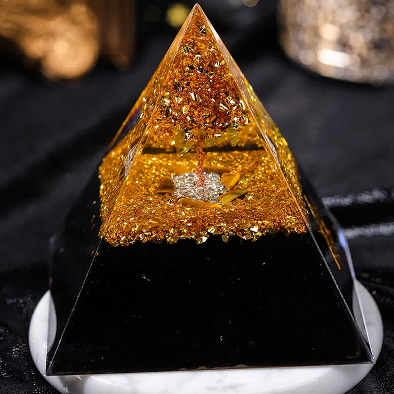 Olivenorma "Guardiano della casa" Piramide di orgone in ossidiana occhio di tigre 