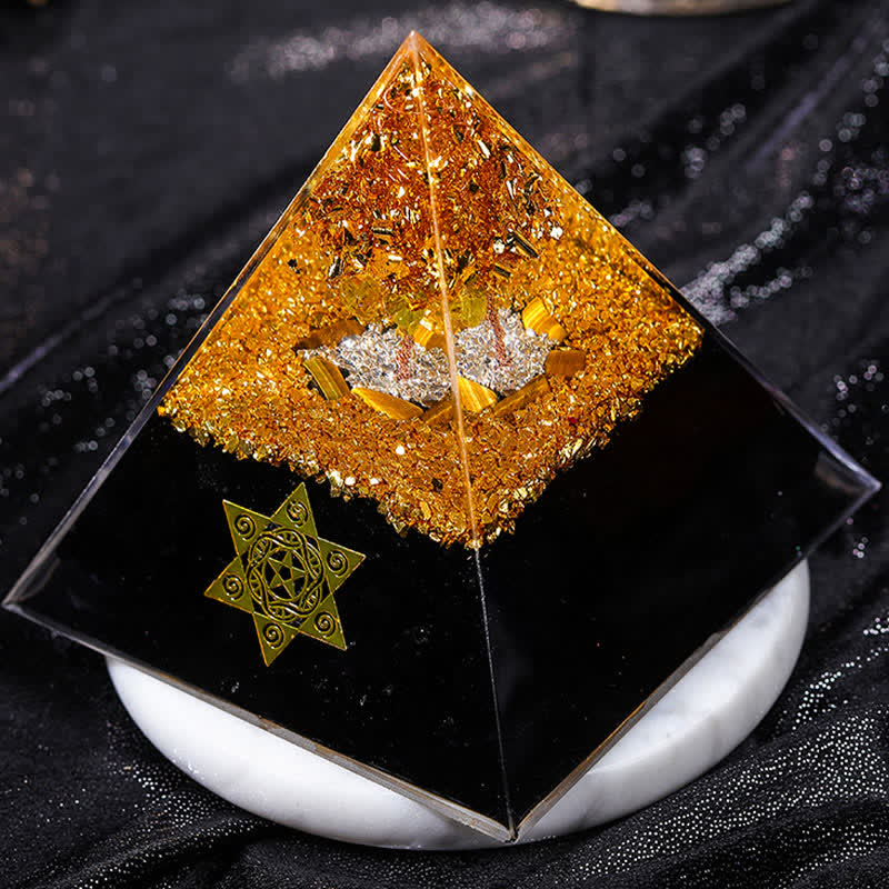 Olivenorma "Guardiano della casa" Piramide di orgone in ossidiana occhio di tigre 