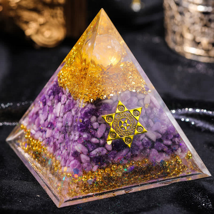 Olivenorma "Double Luck" Piramide di Orgone di Lepidolite in Cristallo Trasparente 