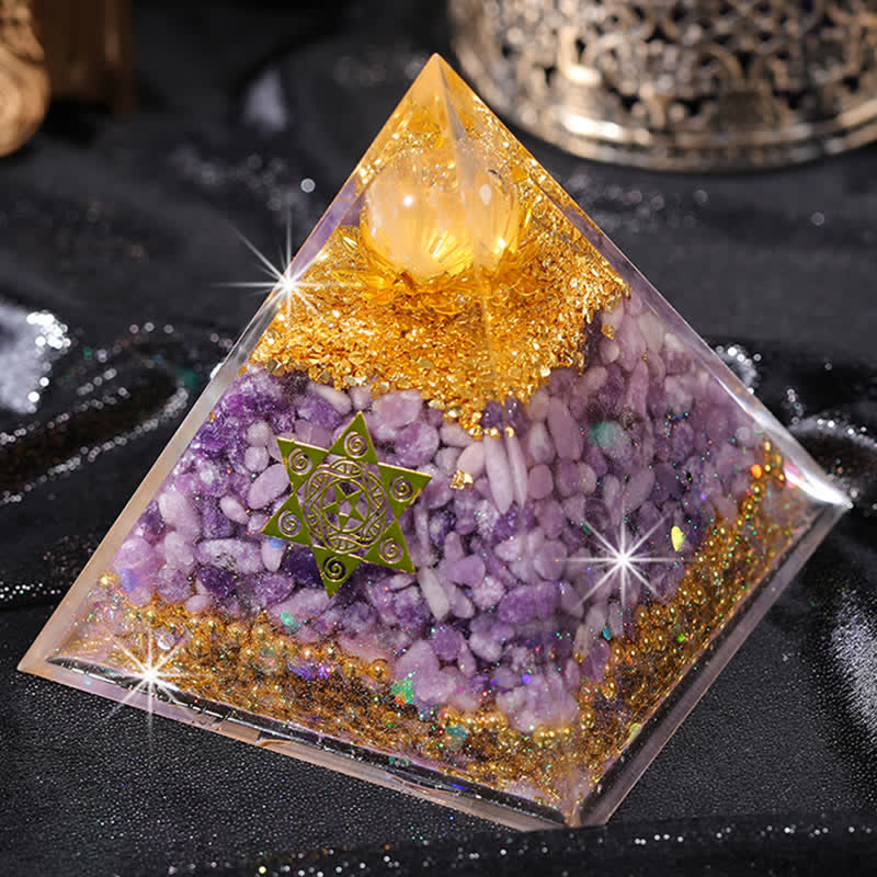 Olivenorma "Double Luck" Piramide di Orgone di Lepidolite in Cristallo Trasparente 