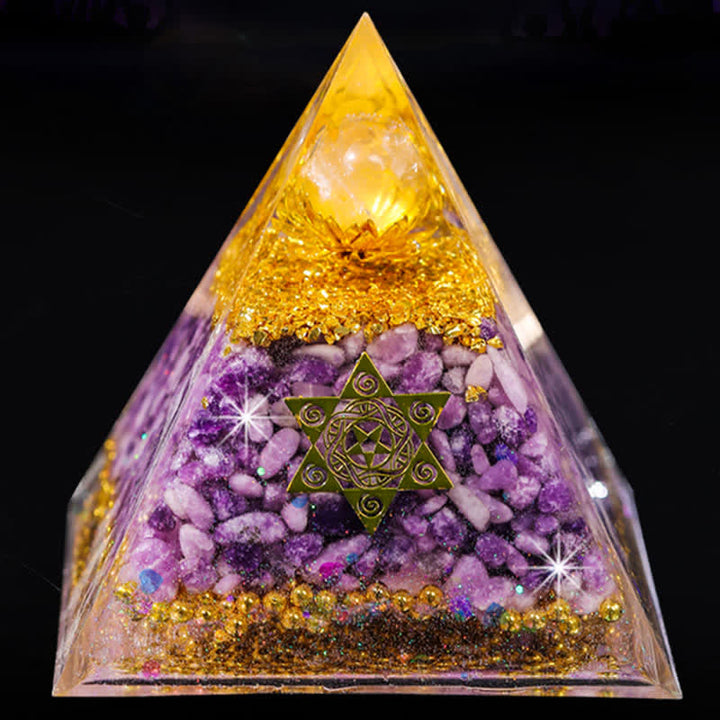 Olivenorma "Double Luck" Piramide di Orgone di Lepidolite in Cristallo Trasparente 
