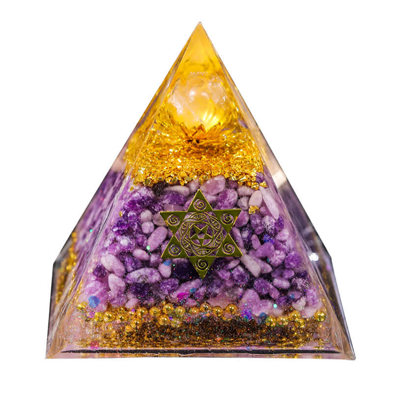 Olivenorma "Double Luck" Piramide di Orgone di Lepidolite in Cristallo Trasparente 
