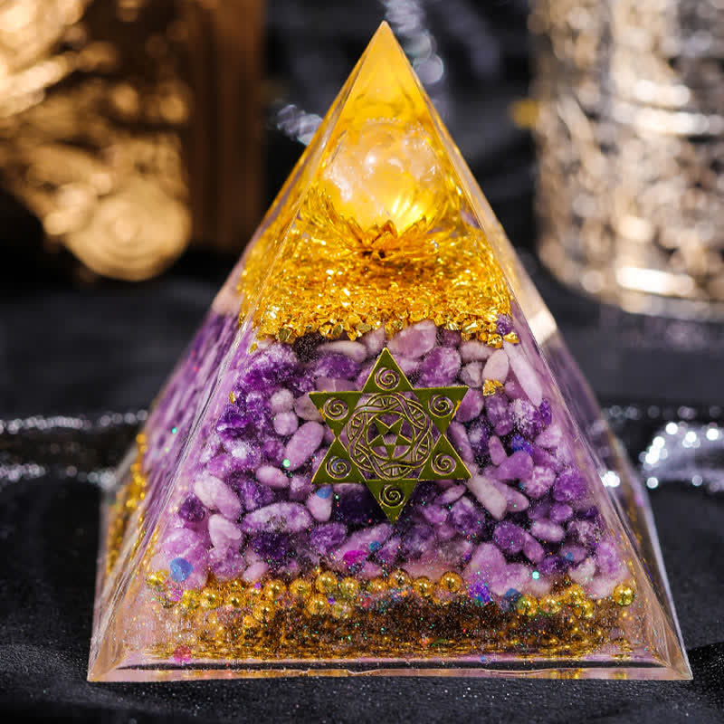 Olivenorma "Double Luck" Piramide di Orgone di Lepidolite in Cristallo Trasparente 