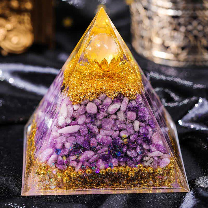 Olivenorma "Double Luck" Piramide di Orgone di Lepidolite in Cristallo Trasparente 
