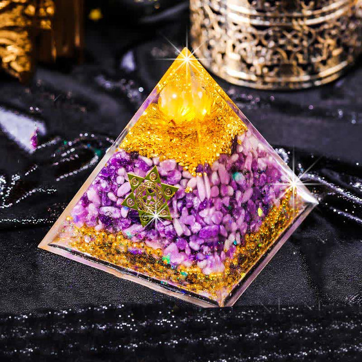 Olivenorma "Double Luck" Piramide di Orgone di Lepidolite in Cristallo Trasparente 