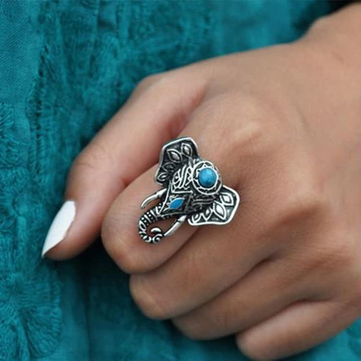 Olivenorma Anello in lega turchese con elefante in stile bohémien