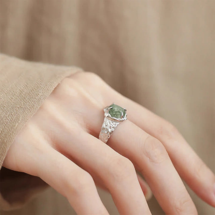 Olivenorma Anello Vintage Geometrico in Agata Muschiata a Quattro Artigli