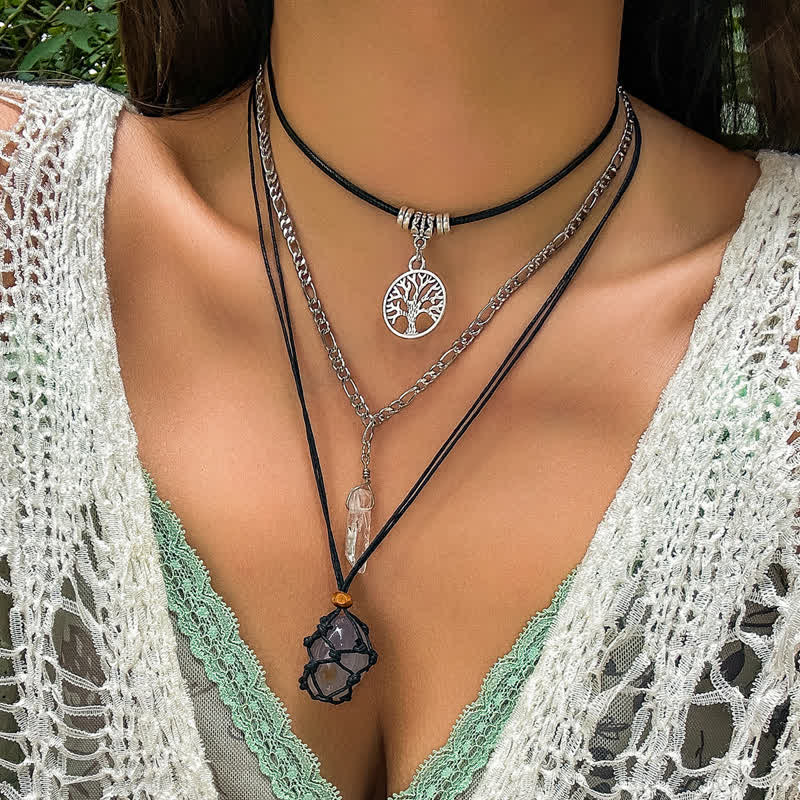 Olivenorma Set di collana con ciondolo albero della vita in pietra naturale