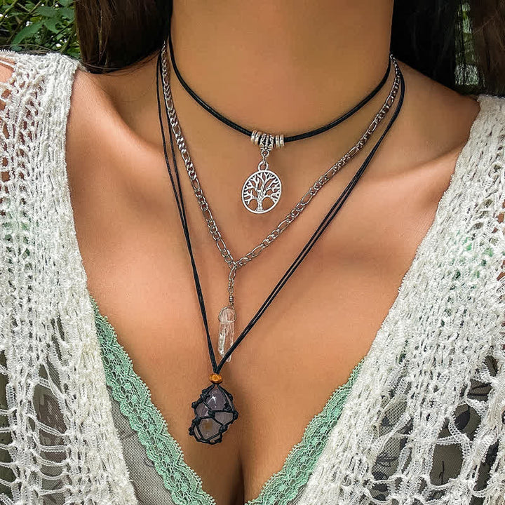 Olivenorma Set di collana con ciondolo albero della vita in pietra naturale