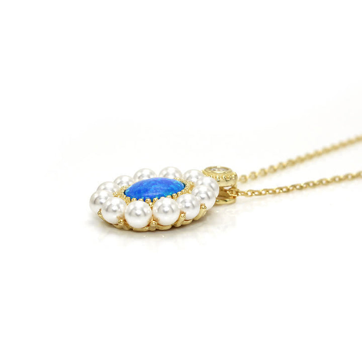 Olivenorma Set di gioielli con ciondolo a forma di girasole con perle d'acqua dolce e opale blu