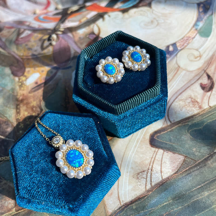 Olivenorma Set di gioielli con ciondolo a forma di girasole con perle d'acqua dolce e opale blu