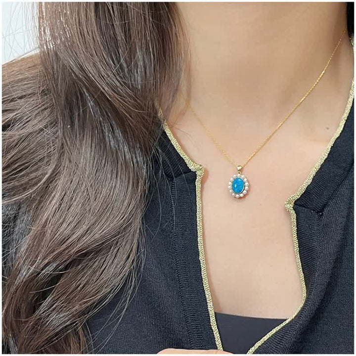 Olivenorma Set di gioielli con ciondolo a forma di girasole con perle d'acqua dolce e opale blu