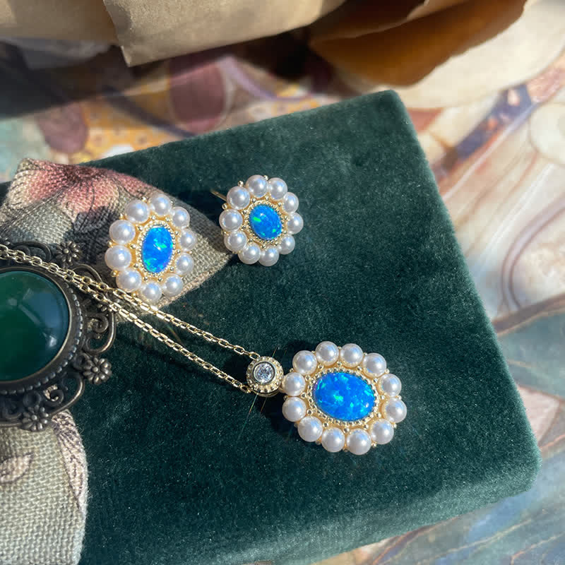 Olivenorma Set di gioielli con ciondolo a forma di girasole con perle d'acqua dolce e opale blu