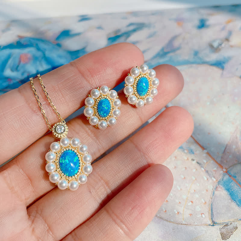 Olivenorma Set di gioielli con ciondolo a forma di girasole con perle d'acqua dolce e opale blu