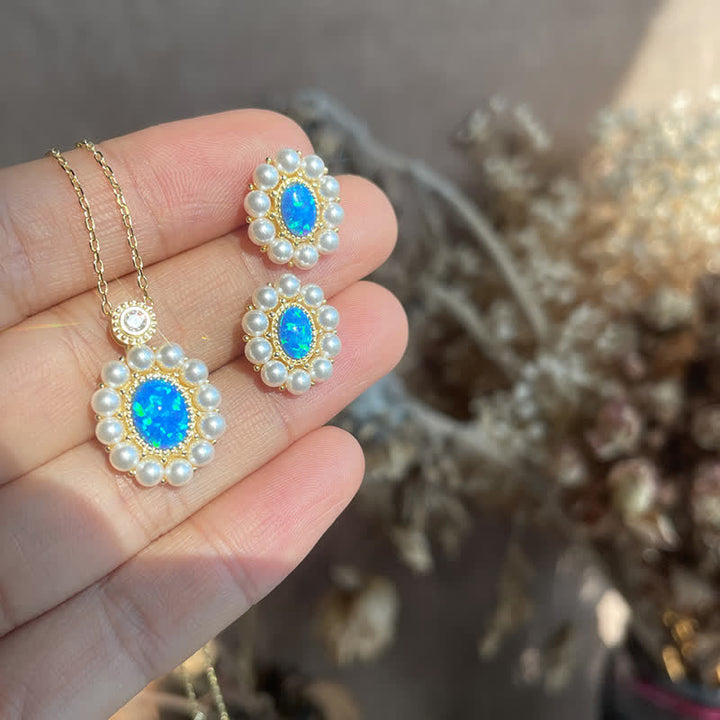 Olivenorma Set di gioielli con ciondolo a forma di girasole con perle d'acqua dolce e opale blu
