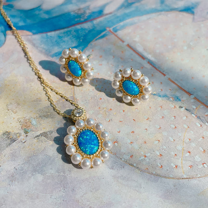 Olivenorma Set di gioielli con ciondolo a forma di girasole con perle d'acqua dolce e opale blu