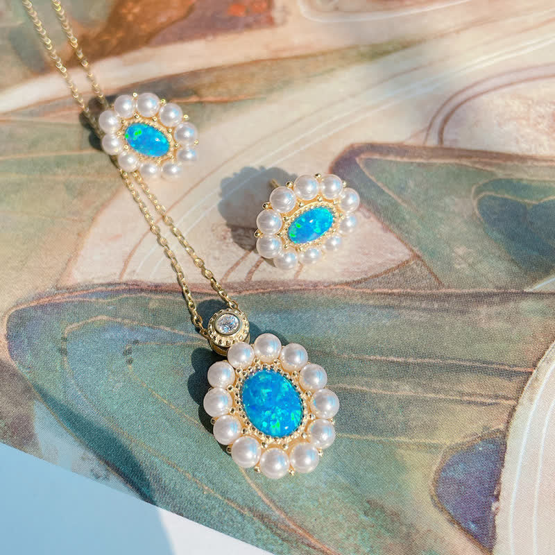 Olivenorma Set di gioielli con ciondolo a forma di girasole con perle d'acqua dolce e opale blu