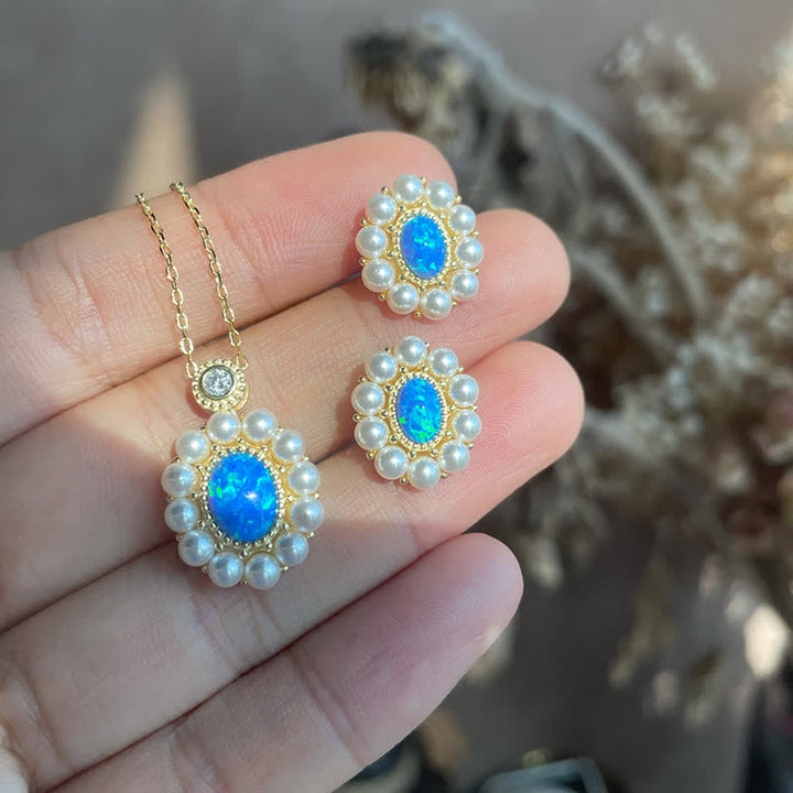 Olivenorma Set di gioielli con ciondolo a forma di girasole con perle d'acqua dolce e opale blu