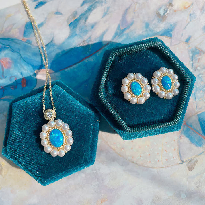 Olivenorma Set di gioielli con ciondolo a forma di girasole con perle d'acqua dolce e opale blu