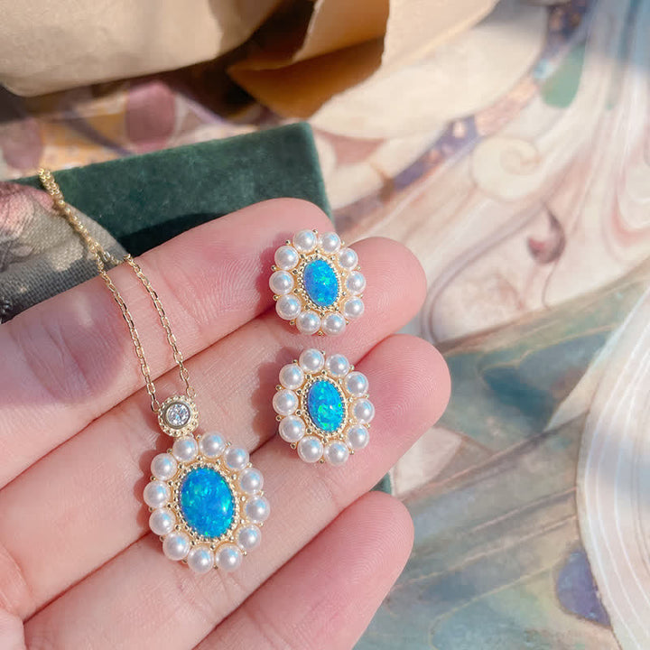 Olivenorma Set di gioielli con ciondolo a forma di girasole con perle d'acqua dolce e opale blu