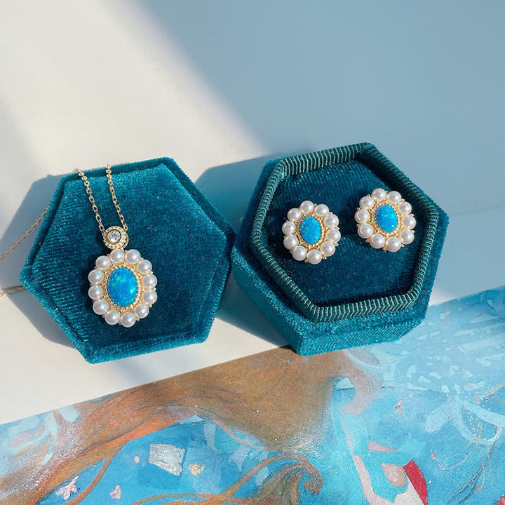 Olivenorma Set di gioielli con ciondolo a forma di girasole con perle d'acqua dolce e opale blu