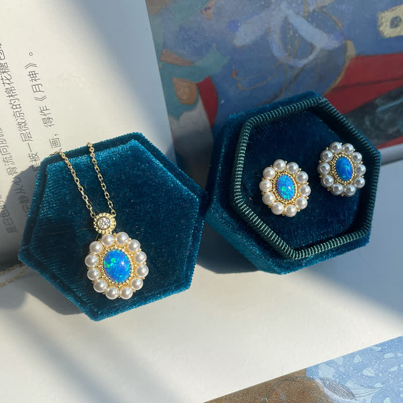 Olivenorma Set di gioielli con ciondolo a forma di girasole con perle d'acqua dolce e opale blu