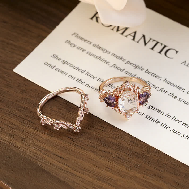 Olivenorma "Ethereal Blossom" Anello in ametista e rosa rampicante da 2 pezzi
