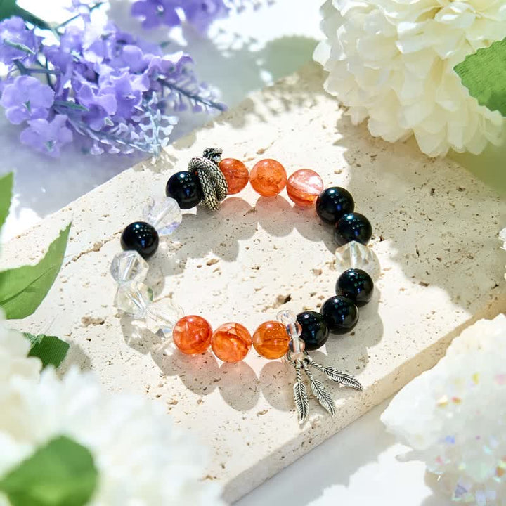 Braccialetto di perline di corniola e ossidiana di cristallo trasparente Olivenorma 