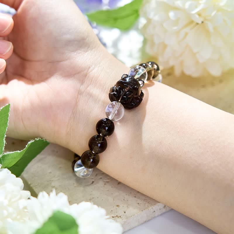 Bracciale con ciondolo a forma di volpe a nove code in cristallo trasparente Olivenorma e perline di quarzo fumé 