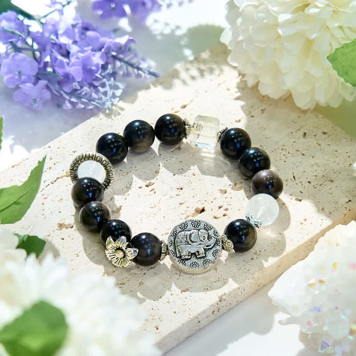 Bracciale Olivenorma con ciondolo a forma di elefante in metallo con perline di ossidiana d'argento 