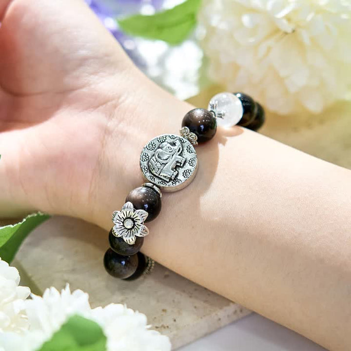 Bracciale Olivenorma con ciondolo a forma di elefante in metallo con perline di ossidiana d'argento 