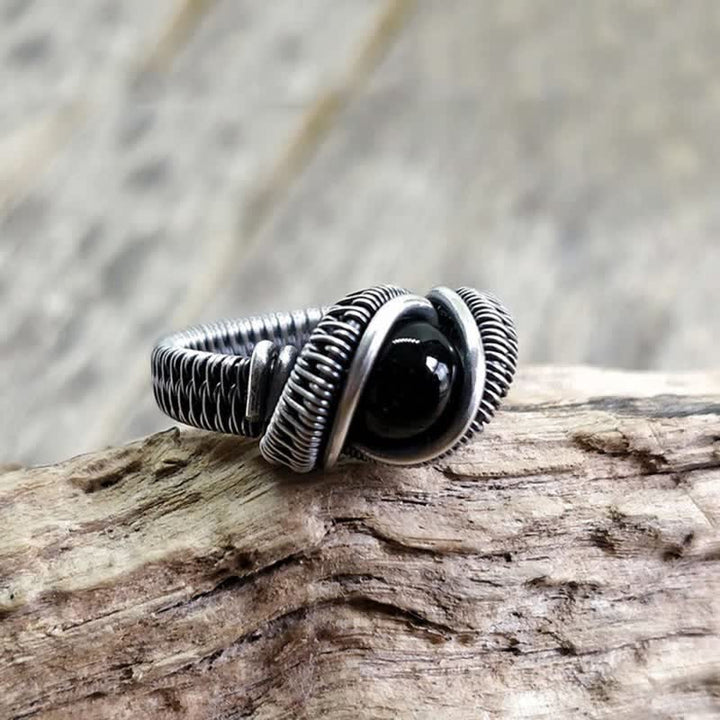 Olivenorma Anello da uomo con nodo in onice nero avvolto in filo