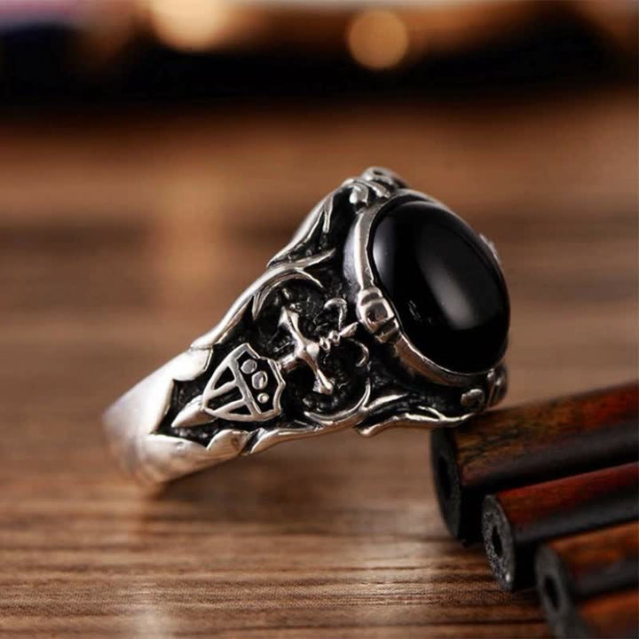Olivenorma Anello da uomo retrò in onice nero