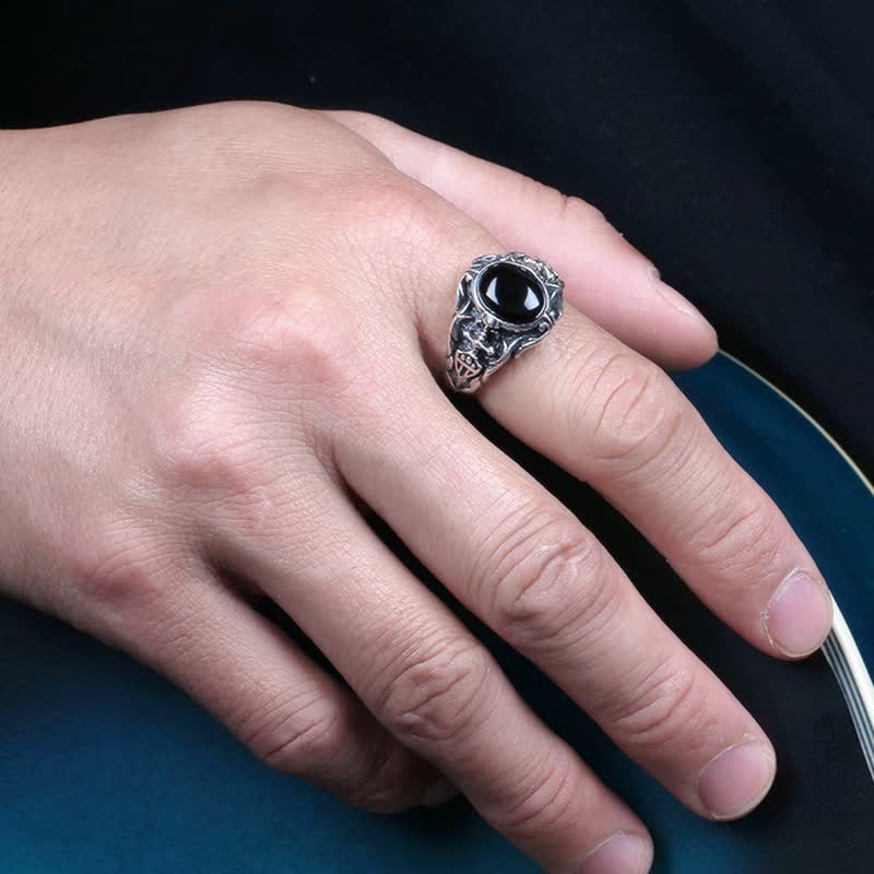 Olivenorma Anello da uomo retrò in onice nero