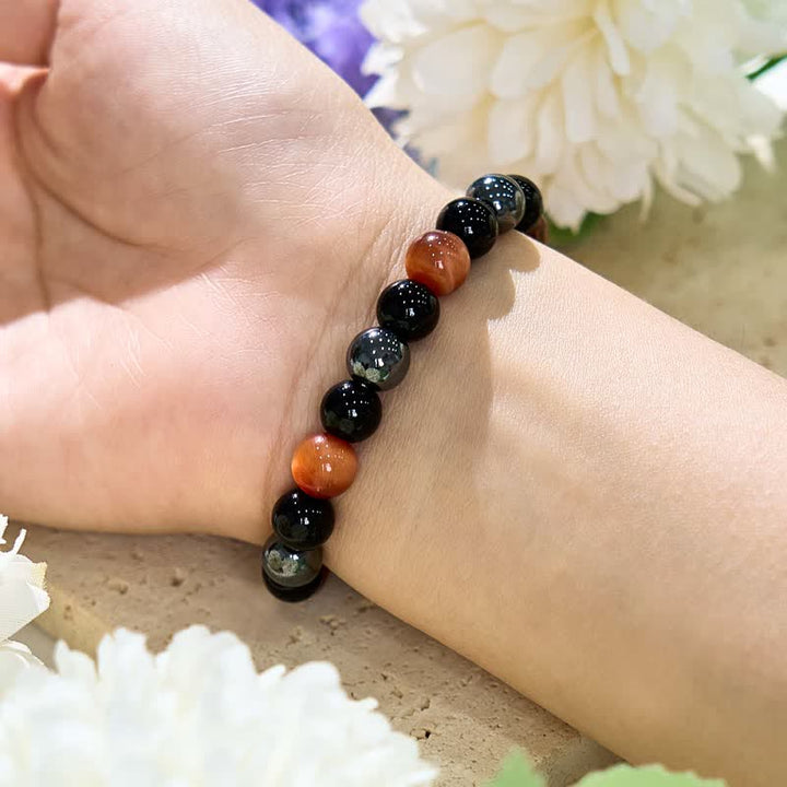 Braccialetto di perline in ematite e ossidiana con occhio di tigre arancione Olivenorma 