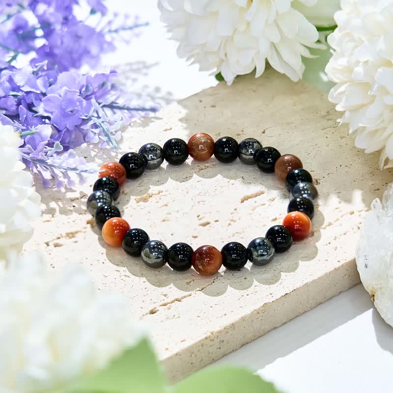 Braccialetto di perline in ematite e ossidiana con occhio di tigre arancione Olivenorma 
