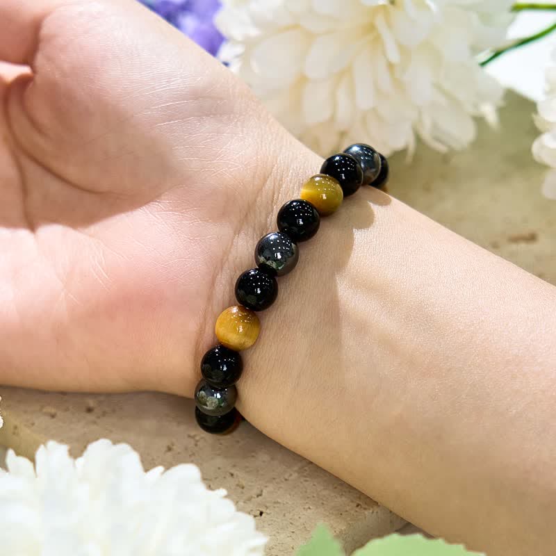 Braccialetto di perline in ematite e ossidiana con occhio di tigre giallo Olivenorma 