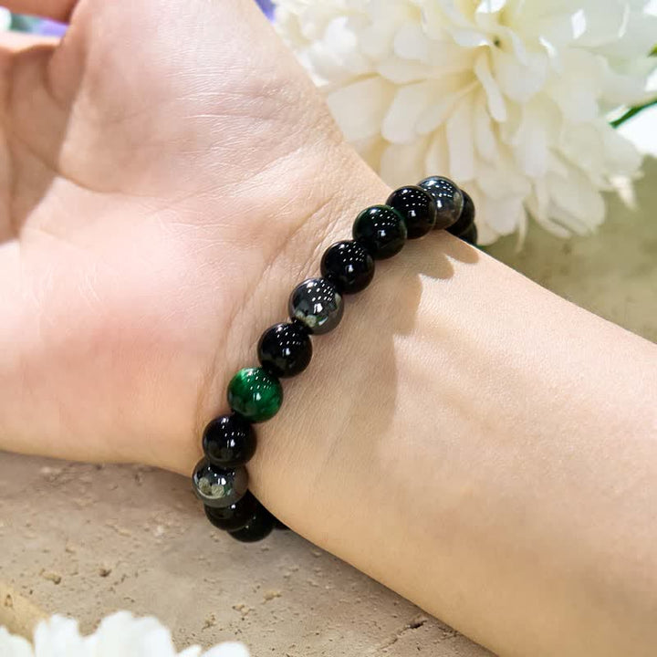 Braccialetto di perline in ematite e ossidiana con occhio di tigre verde Olivenorma 
