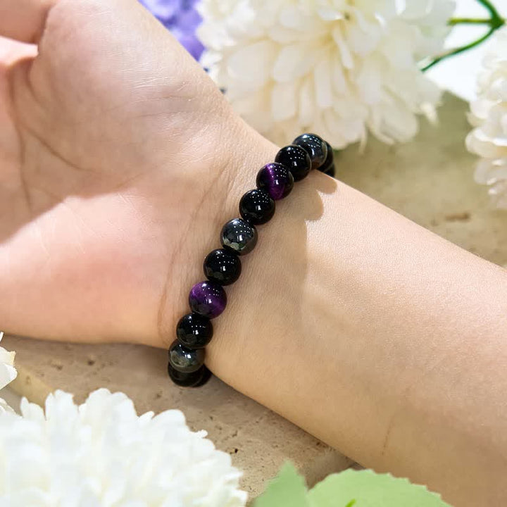 Bracciale Olivenorma con perline in ossidiana ematite viola occhio di tigre