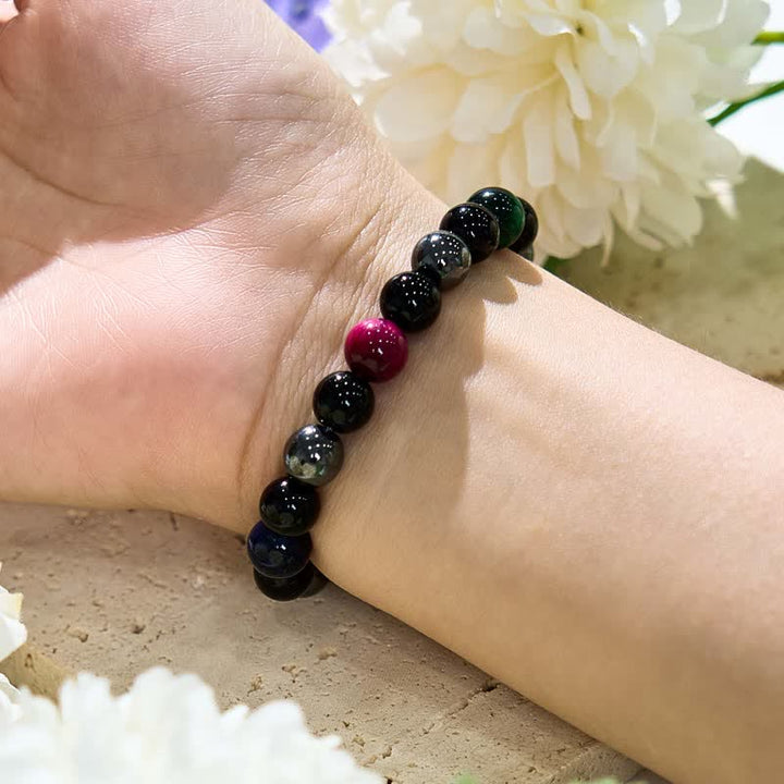 Braccialetto di perline di ematite e ossidiana occhio di tigre multicolore Olivenorma 
