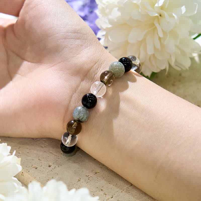 Braccialetto di perline in quarzo fumé con ossidiana e labradorite trasparente Olivenorma