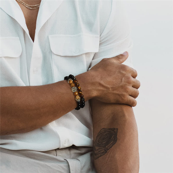 Bracciale di perline con testa di leone in pietra occhio di tigre di ossidiana Olivenorma 