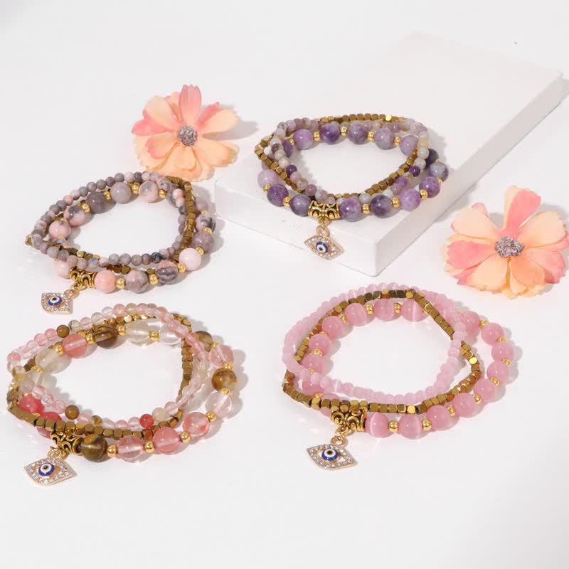 Olivenorma Set di bracciali con ciondolo malocchio in pietra naturale con perline