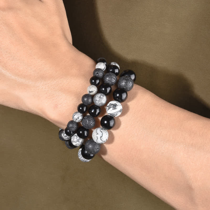 Bracciale di perline in pietra lavica di ossidiana diaspro grigio Olivenorma 