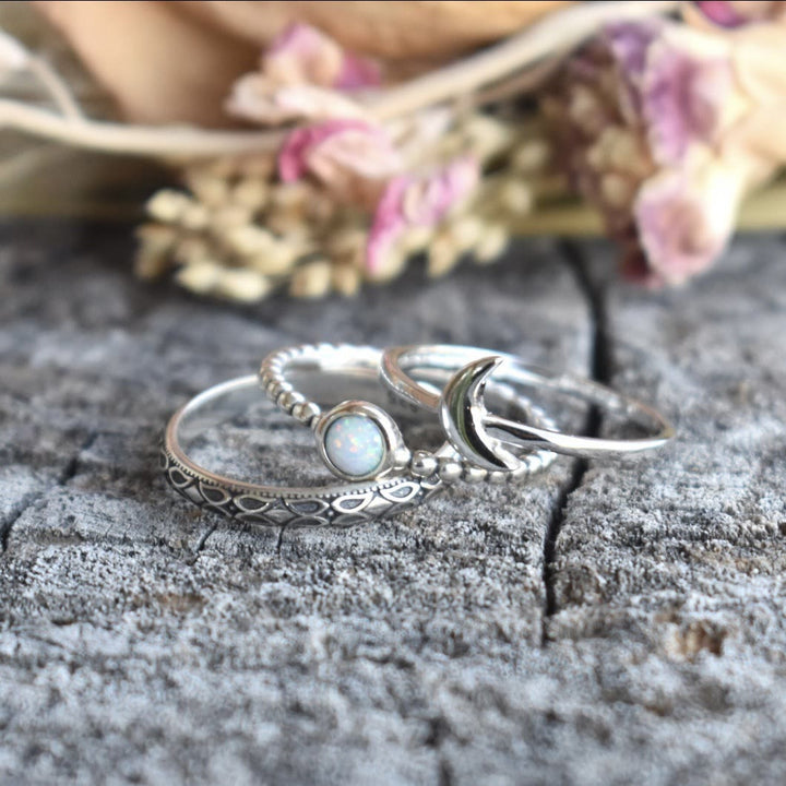 Olivenorma Vintage Crescent Moon Anello in tre pezzi con opale