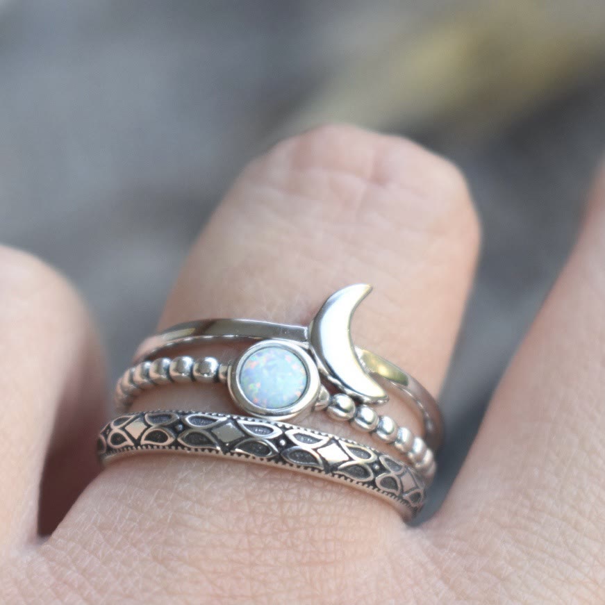 Olivenorma Vintage Crescent Moon Anello in tre pezzi con opale