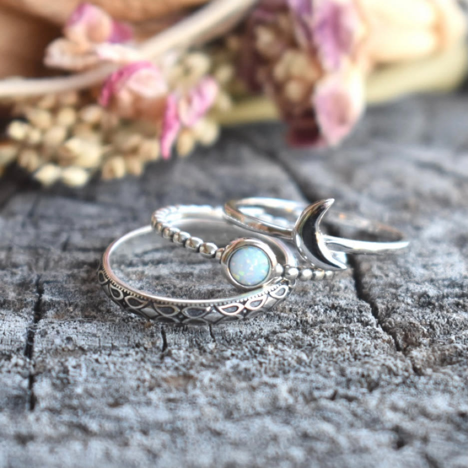 Olivenorma Vintage Crescent Moon Anello in tre pezzi con opale